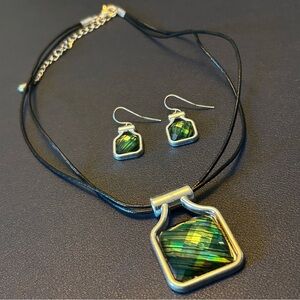 Vintage Silver Tone Square Green Dangle Earrings and Necklace with Pendant